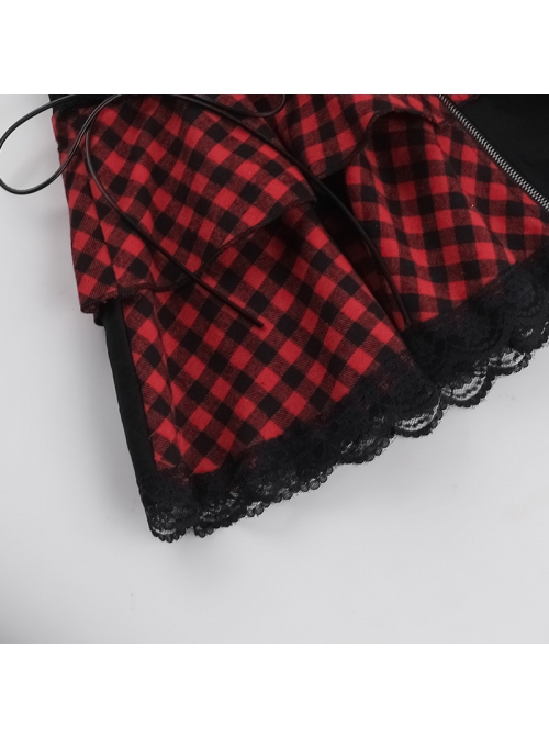 Black And Red Sexy Mesh Lace Waist Eyelet Rope Design Punk Style Skirt