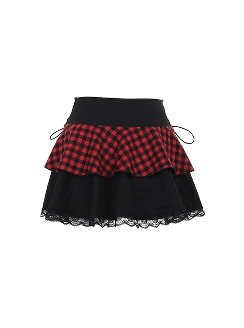 Black And Red Sexy Mesh Lace Waist Eyelet Rope Design Punk Style Skirt