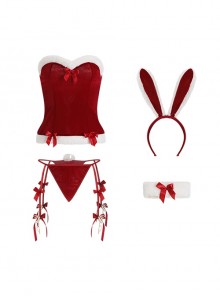 Christmas Style Bow Plush Tube Top Slim Cute Bunny Girl Bendable Rabbit Ears Cosplay Sexy Lingerie Set