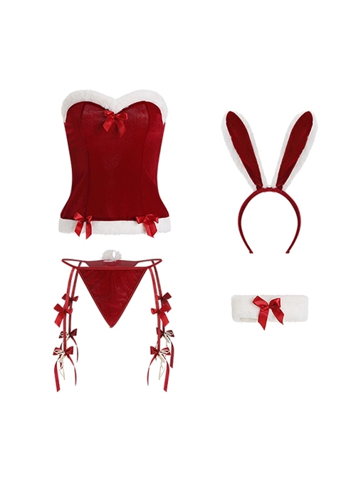 Christmas Style Bow Plush Tube Top Slim Cute Bunny Girl Bendable Rabbit Ears Cosplay Sexy Lingerie Set