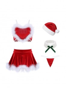 Red Velvet Stitching Feather Heart-Shaped Sweet Sling Split Nightdress Christmas Style Sexy Lingerie Set
