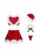 Red Velvet Stitching Feather Heart-Shaped Sweet Sling Split Nightdress Christmas Style Sexy Lingerie Set