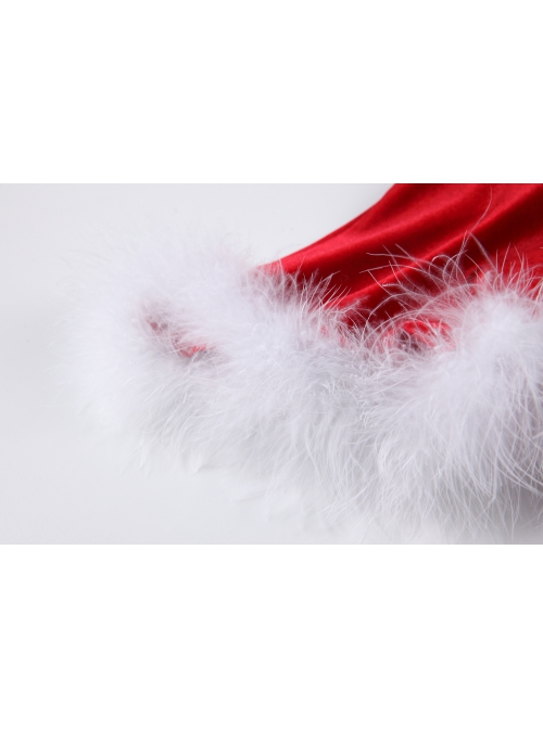 Red Velvet Stitching Feather Heart-Shaped Sweet Sling Split Nightdress Christmas Style Sexy Lingerie Set