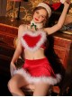 Red Velvet Stitching Feather Heart-Shaped Sweet Sling Split Nightdress Christmas Style Sexy Lingerie Set