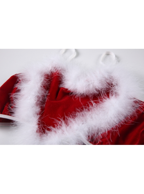 Red Velvet Stitching Feather Heart-Shaped Sweet Sling Split Nightdress Christmas Style Sexy Lingerie Set