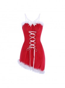 Red Velvet Front Lace-Up Slanted Hem With Chest Pads Christmas Style Slim Suspender Dress Sexy Lingerie