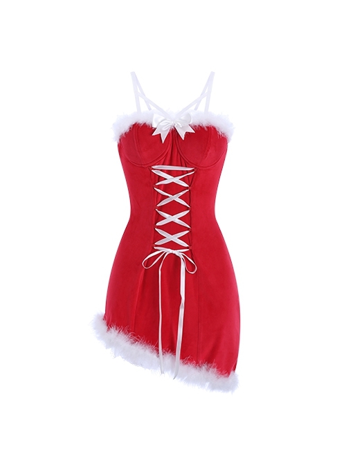 Red Velvet Front Lace-Up Slanted Hem With Chest Pads Christmas Style Slim Suspender Dress Sexy Lingerie