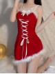 Red Velvet Front Lace-Up Slanted Hem With Chest Pads Christmas Style Slim Suspender Dress Sexy Lingerie