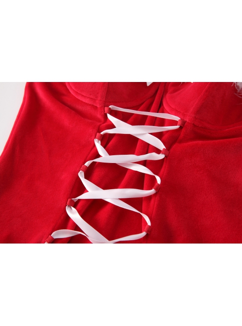 Red Velvet Front Lace-Up Slanted Hem With Chest Pads Christmas Style Slim Suspender Dress Sexy Lingerie