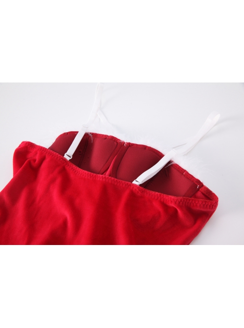 Red Velvet Front Lace-Up Slanted Hem With Chest Pads Christmas Style Slim Suspender Dress Sexy Lingerie