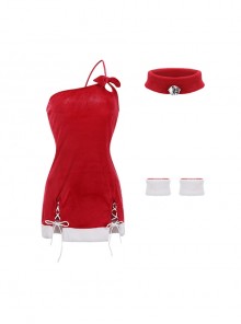 Red Velvet One-Shoulder Strap Lace-Up Waist Backless Slit Hem Christmas Style Mini Dress Sexy Lingerie Set