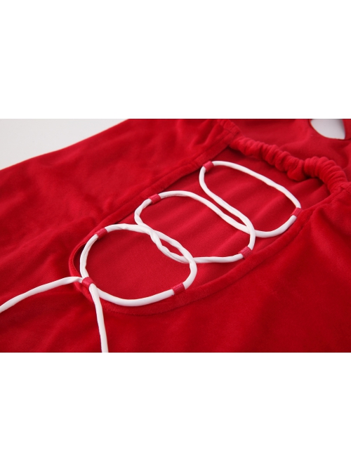 Red Velvet One-Shoulder Strap Lace-Up Waist Backless Slit Hem Christmas Style Mini Dress Sexy Lingerie Set