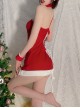 Red Velvet One-Shoulder Strap Lace-Up Waist Backless Slit Hem Christmas Style Mini Dress Sexy Lingerie Set