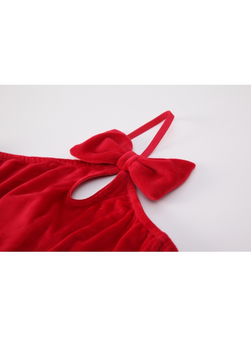 Red Velvet One-Shoulder Strap Lace-Up Waist Backless Slit Hem Christmas Style Mini Dress Sexy Lingerie Set