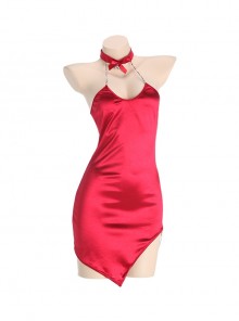 Chain Halter Neck Backless Lace-Up Temptation Asymmetrical Hem Christmas Style Slim Dress Sexy Lingerie Set