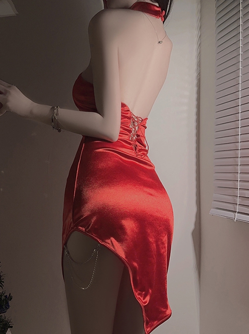 Chain Halter Neck Backless Lace-Up Temptation Asymmetrical Hem Christmas Style Slim Dress Sexy Lingerie Set