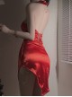 Chain Halter Neck Backless Lace-Up Temptation Asymmetrical Hem Christmas Style Slim Dress Sexy Lingerie Set