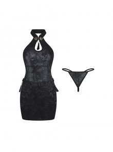 Oriental Charm Hollow Black Retro Slit Hem Backless Lace-Up Elegant Cheongsam Sexy Lingerie Set