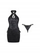 Oriental Charm Hollow Black Retro Slit Hem Backless Lace-Up Elegant Cheongsam Sexy Lingerie Set