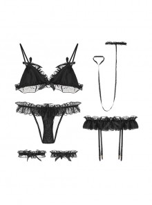 See-Through Hollow Temptation Solid Color Ruffled Chiffon Sweet Princess Garter Three-Point Sexy Lingerie Set