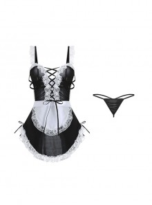 Backless Lace-Up Temptation See-Through Lace Slit Hem Exposed Buttocks Sweet Maid Outfit Sexy Lingerie Set