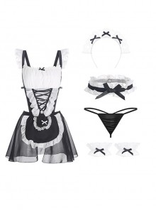Ruffled See-through Chiffon Low-cut Waist Hollow Backless Maid Outfit Sexy Lingerie Set
