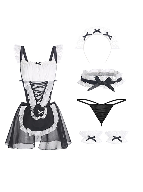 Ruffled See-through Chiffon Low-cut Waist Hollow Backless Maid Outfit Sexy Lingerie Set