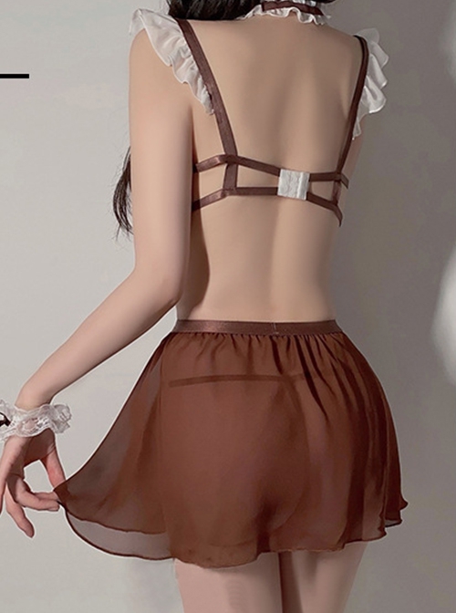 Ruffled See-through Chiffon Low-cut Waist Hollow Backless Maid Outfit Sexy Lingerie Set