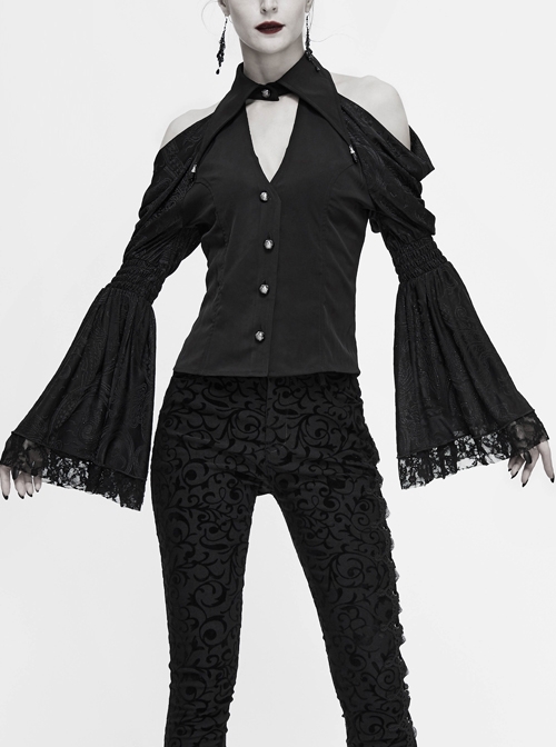 Off-Shoulder V-Neck Top Collar Pendant Big Cuffs Stitching Lace Mesh Black Gothic Blouse