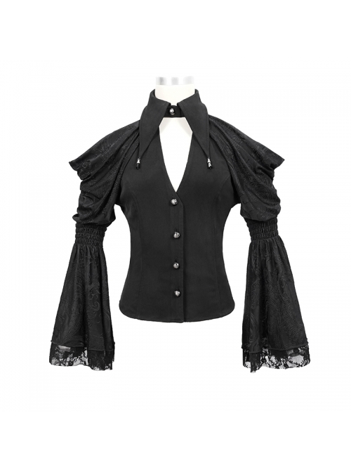 Off-Shoulder V-Neck Top Collar Pendant Big Cuffs Stitching Lace Mesh Black Gothic Blouse