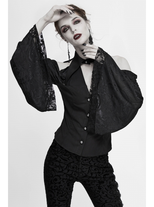 Off-Shoulder V-Neck Top Collar Pendant Big Cuffs Stitching Lace Mesh Black Gothic Blouse