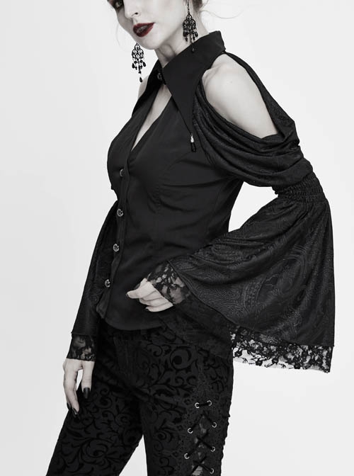 Off-Shoulder V-Neck Top Collar Pendant Big Cuffs Stitching Lace Mesh Black Gothic Blouse