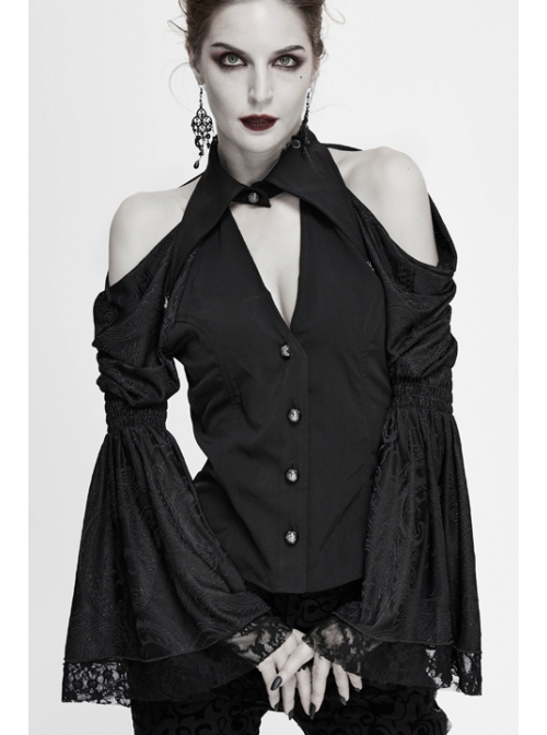 Off-Shoulder V-Neck Top Collar Pendant Big Cuffs Stitching Lace Mesh Black Gothic Blouse