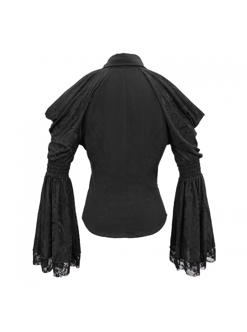Off-Shoulder V-Neck Top Collar Pendant Big Cuffs Stitching Lace Mesh Black Gothic Blouse