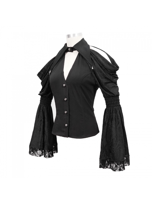 Off-Shoulder V-Neck Top Collar Pendant Big Cuffs Stitching Lace Mesh Black Gothic Blouse