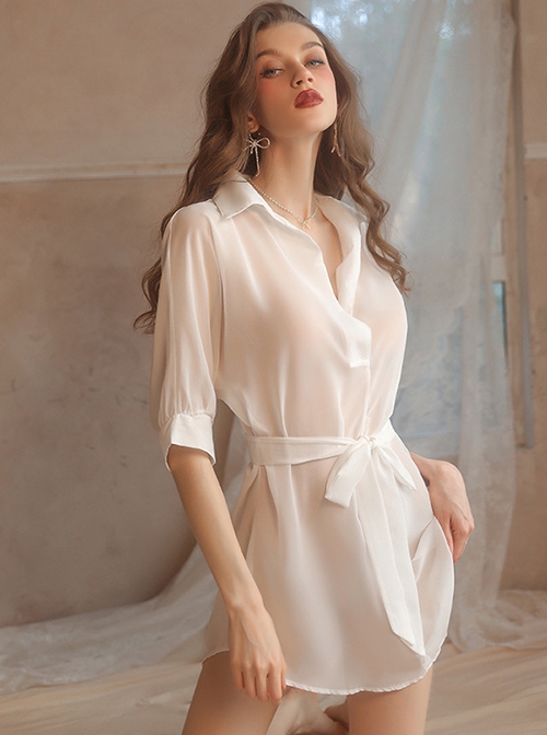 Deep V Chiffon See-through Temptation Shirt OL Style Professional Uniform Sexy Lingerie Set