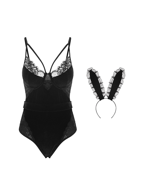 Black Velvet Stitching Lace Deep V Steel Ring Gathered Hidden Button Open Crotch Bunny Girl Jumpsuit Sexy Lingerie Set