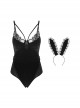Black Velvet Stitching Lace Deep V Steel Ring Gathered Hidden Button Open Crotch Bunny Girl Jumpsuit Sexy Lingerie Set