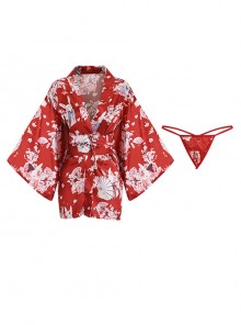 Deep V Temptation Elegant Japanese Style Sakura Rabbit Print Kimono Cardigan Sexy Underwear Set