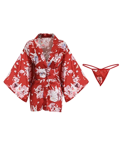 Deep V Temptation Elegant Japanese Style Sakura Rabbit Print Kimono Cardigan Sexy Underwear Set