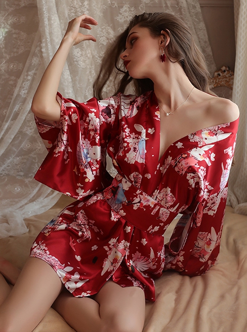 Deep V Temptation Elegant Japanese Style Sakura Rabbit Print Kimono Cardigan Sexy Underwear Set