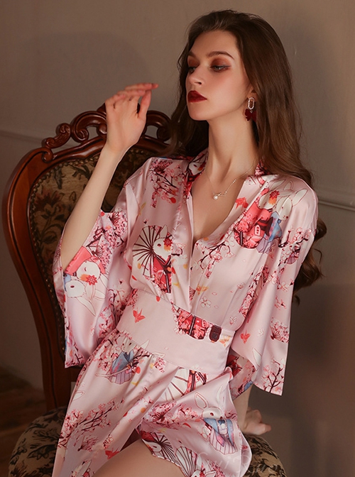 Deep V Temptation Elegant Japanese Style Sakura Rabbit Print Kimono Cardigan Sexy Underwear Set