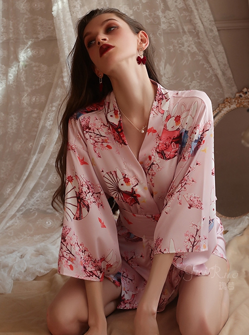 Deep V Temptation Elegant Japanese Style Sakura Rabbit Print Kimono Cardigan Sexy Underwear Set