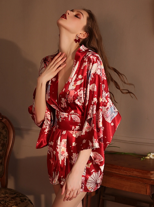 Deep V Temptation Elegant Japanese Style Sakura Rabbit Print Kimono Cardigan Sexy Underwear Set