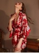 Deep V Temptation Elegant Japanese Style Sakura Rabbit Print Kimono Cardigan Sexy Underwear Set