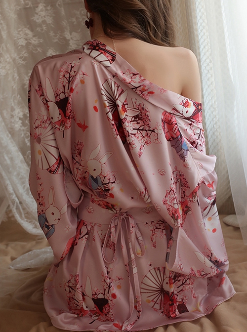 Deep V Temptation Elegant Japanese Style Sakura Rabbit Print Kimono Cardigan Sexy Underwear Set