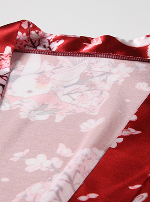 Deep V Temptation Elegant Japanese Style Sakura Rabbit Print Kimono Cardigan Sexy Underwear Set