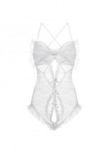 See-Through Lace Sweet Ruffled Big Bowknot Backless Open Crotch Exposed Hips Slim Jumpsuit Sexy Lingerie