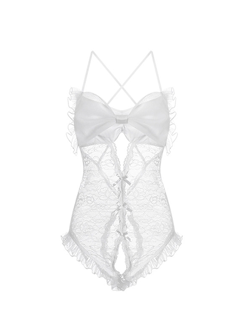 See-Through Lace Sweet Ruffled Big Bowknot Backless Open Crotch Exposed Hips Slim Jumpsuit Sexy Lingerie