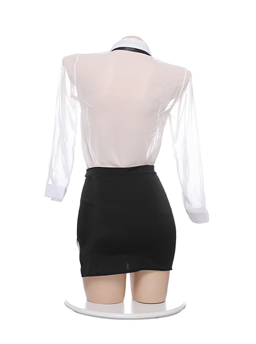 White See-Through Shirt Black Slit Hip Skirt Secretary-Style Office Cosplay Plus Size Sexy Lingerie Set